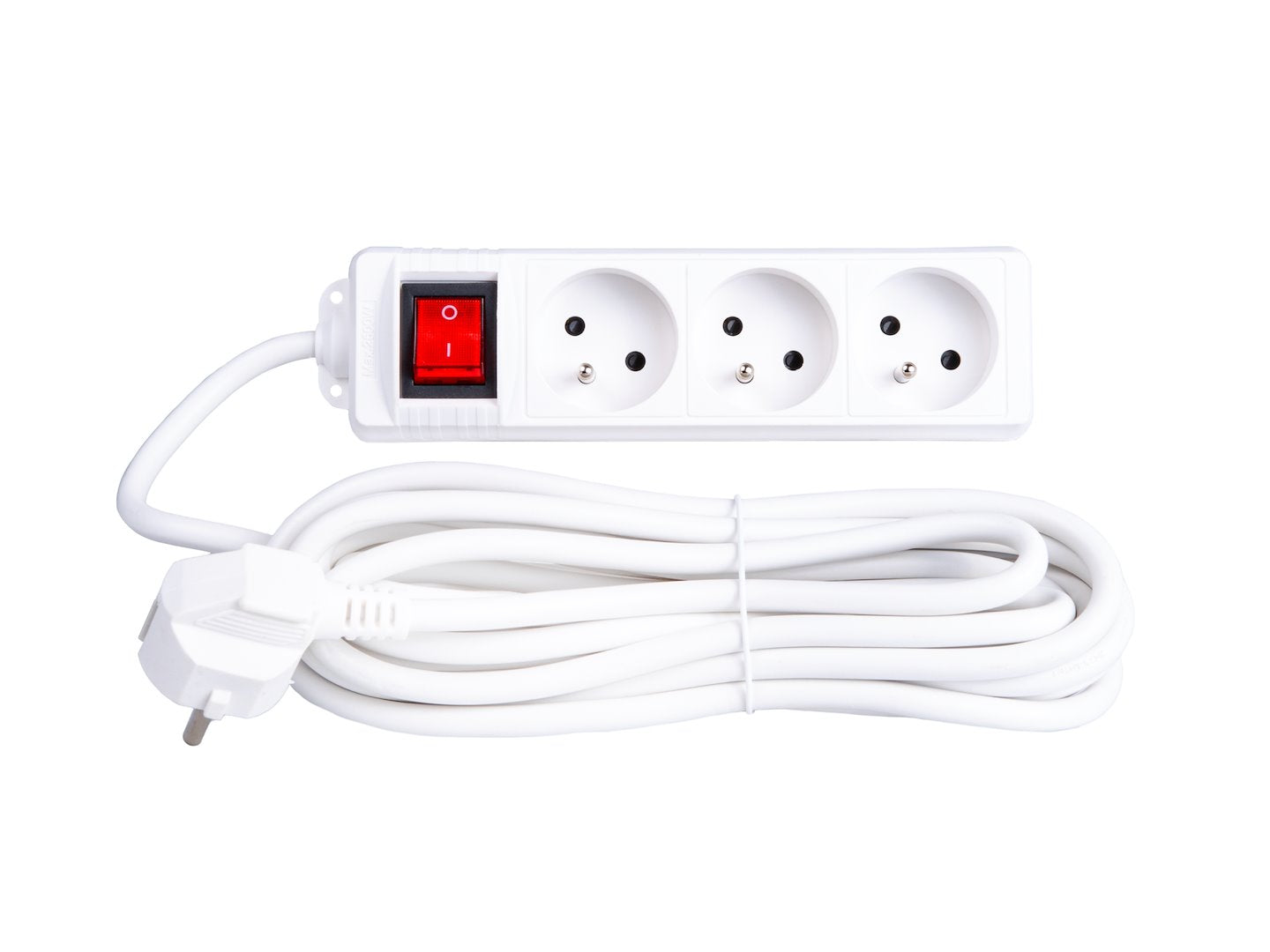 White extension cord with switch, 3 sockets, 5 m