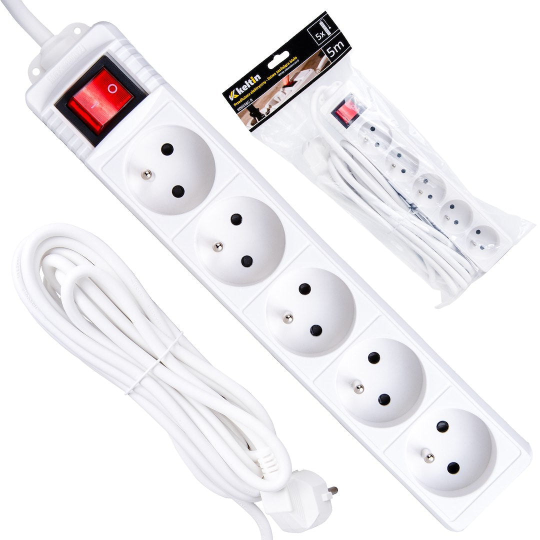 White 5-socket extension cord with switch, 5 m