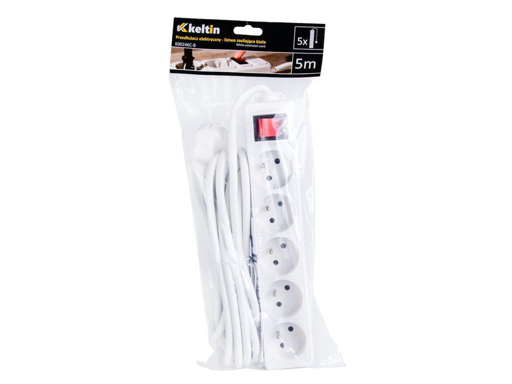 White 5-socket extension cord with switch, 5 m