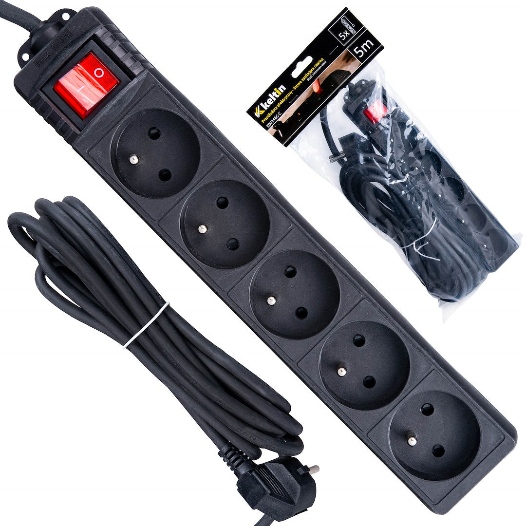 Black extension cord with switch, 5 sockets, 5 m