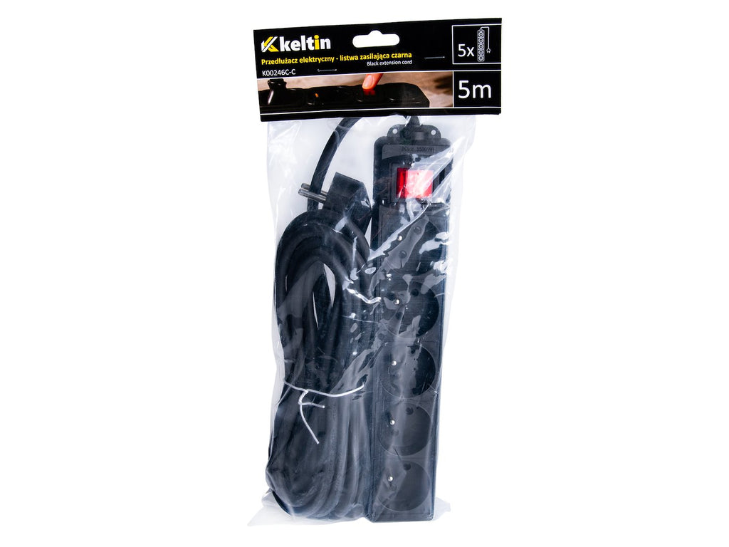 Black extension cord with switch, 5 sockets, 5 m