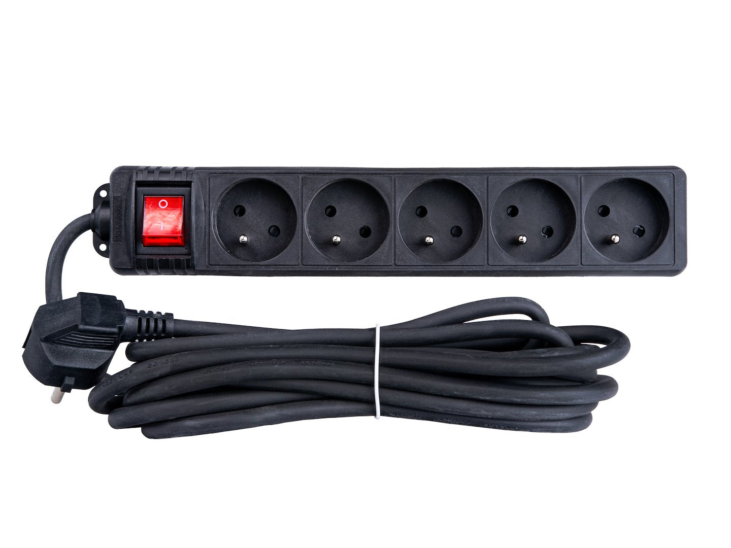 Black extension cord with switch, 5 sockets, 5 m