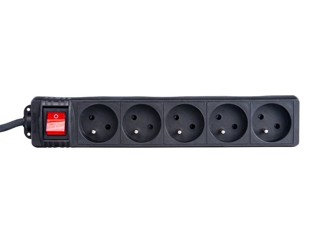 Black extension cord with switch, 5 sockets, 5 m