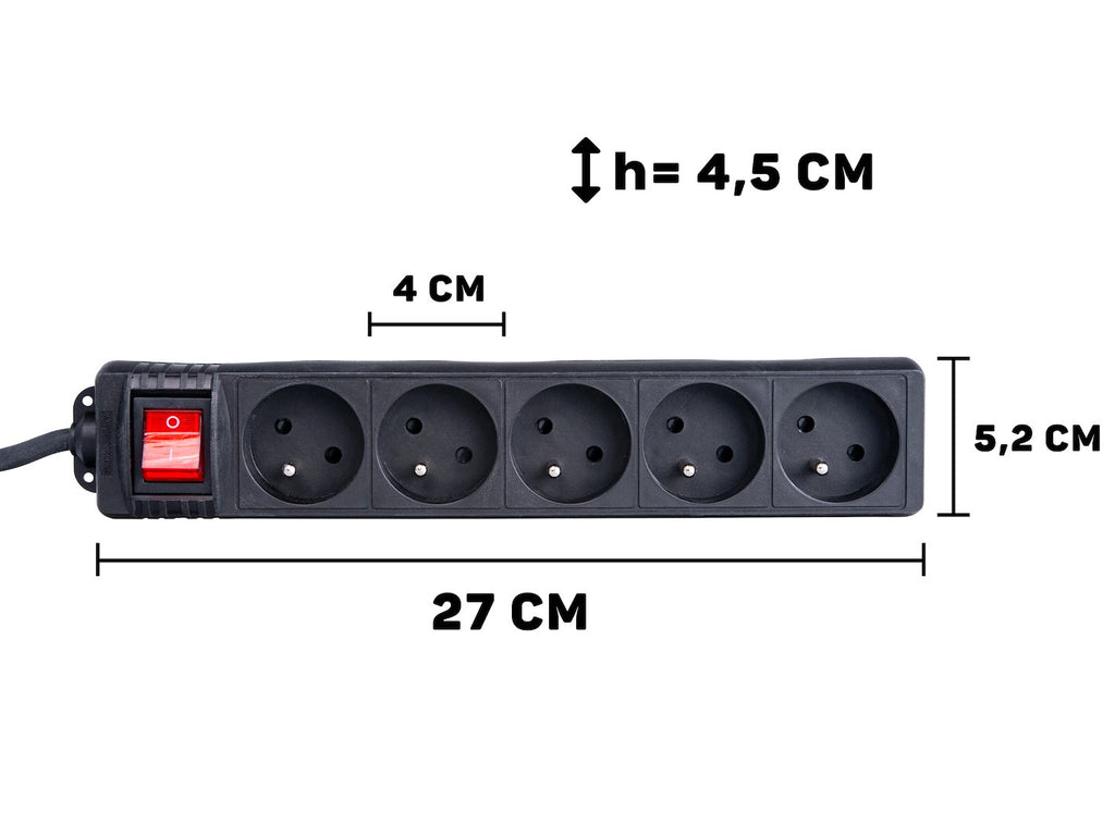Black extension cord with switch, 5 sockets, 5 m