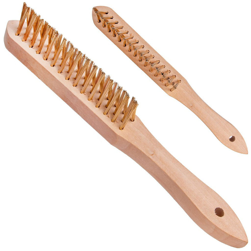 Yellow 3-row wire rust brush for gaps, wooden handle (12/120)