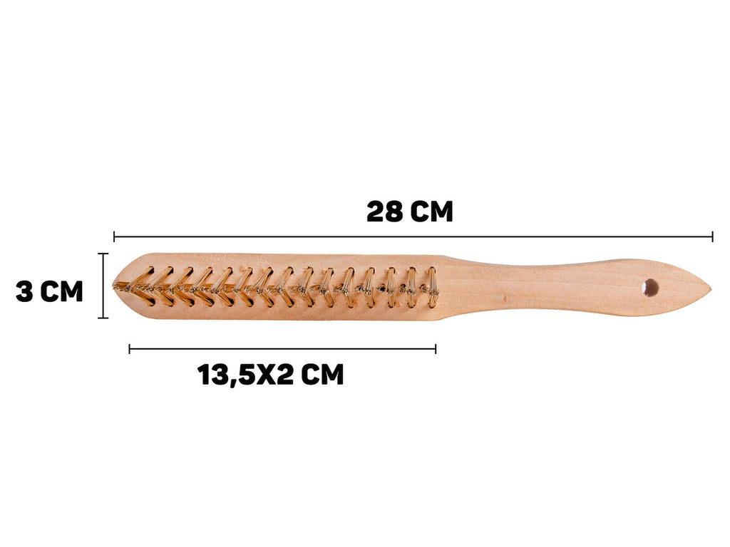 Yellow 3-row wire rust brush for gaps, wooden handle (12/120)
