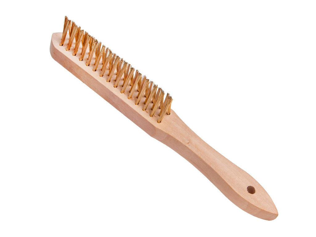 Yellow 3-row wire rust brush for gaps, wooden handle (12/120)