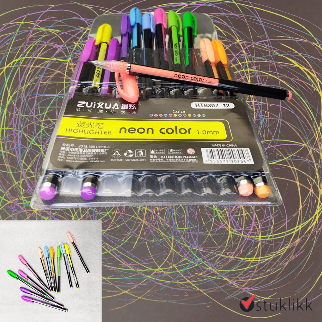 12-osaline neoonmarkerite komplekt erksate värvidega