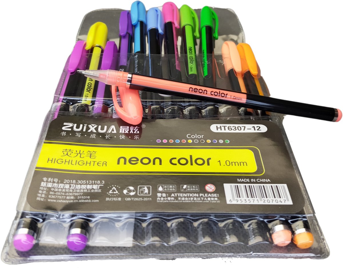 12-osaline neoonmarkerite komplekt erksate värvidega