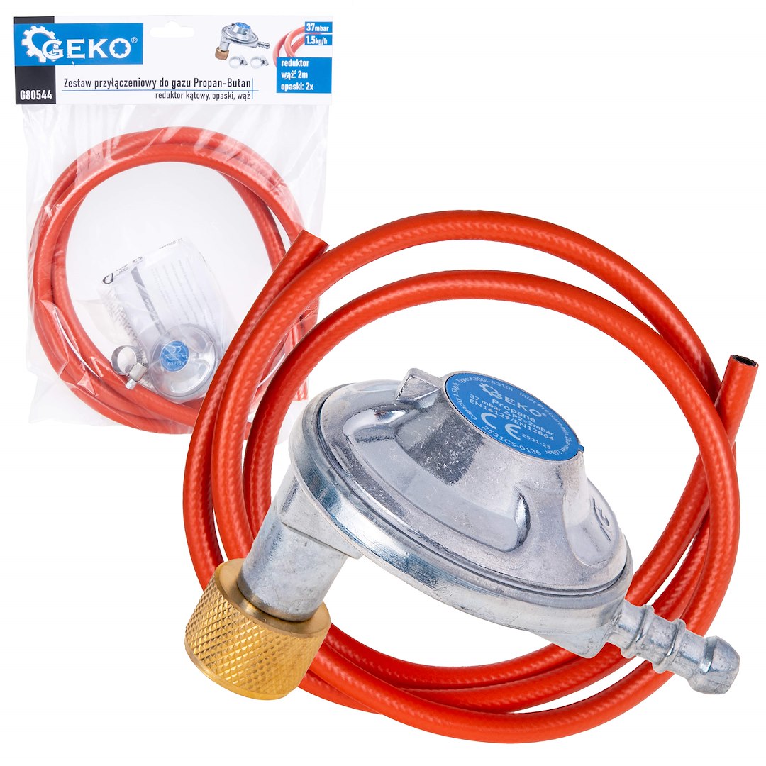 Propane-butane gas connection set – angled regulator, hose clamps and 2 m hose