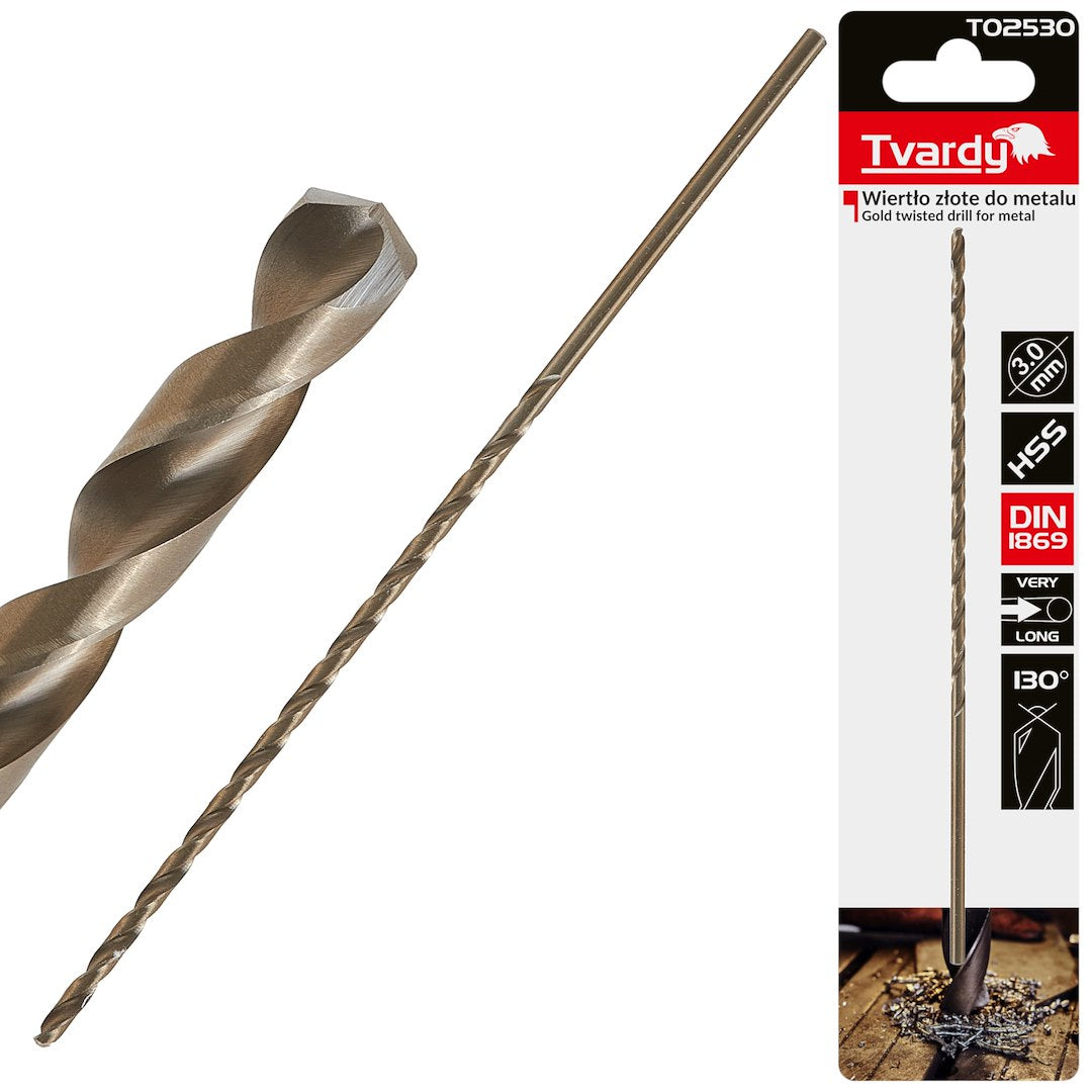 Long HSS DIN1869 3.0 x 150 mm Gold Metal Twist Drill Bit