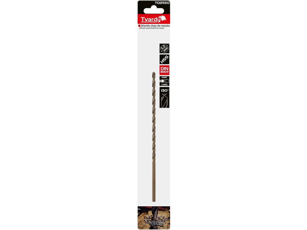Long HSS DIN1869 5.0 x 195 mm Gold Metal Twist Drill Bit