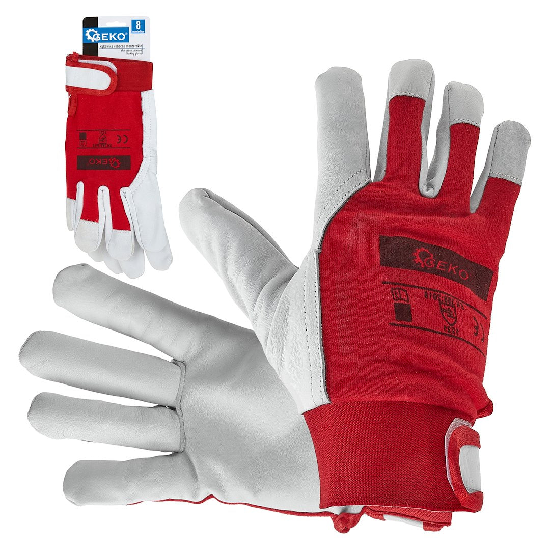 Goat leather red gloves, elastic cotton back, Velcro cuff, size 8 – Pack of 12