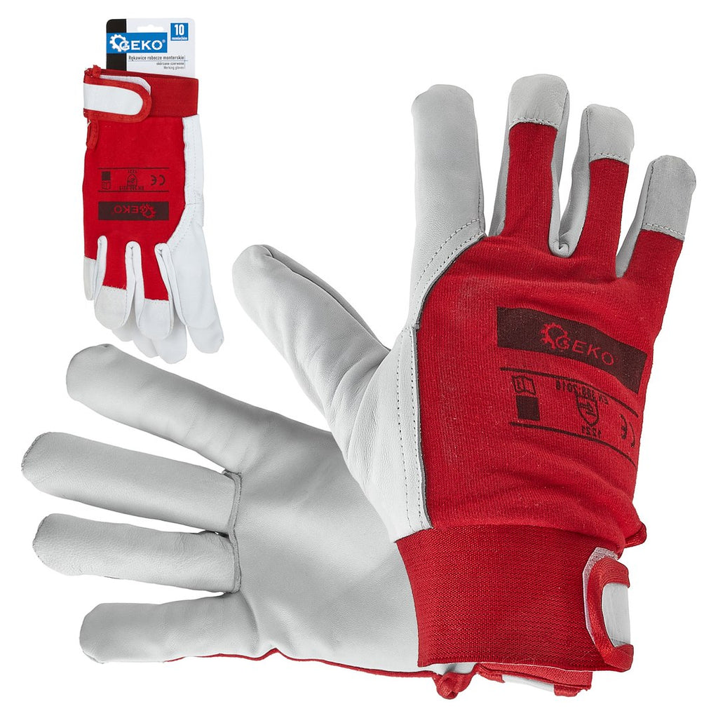 Goat leather red gloves, elastic cotton back, velcro cuff s.10 – Pack of 12