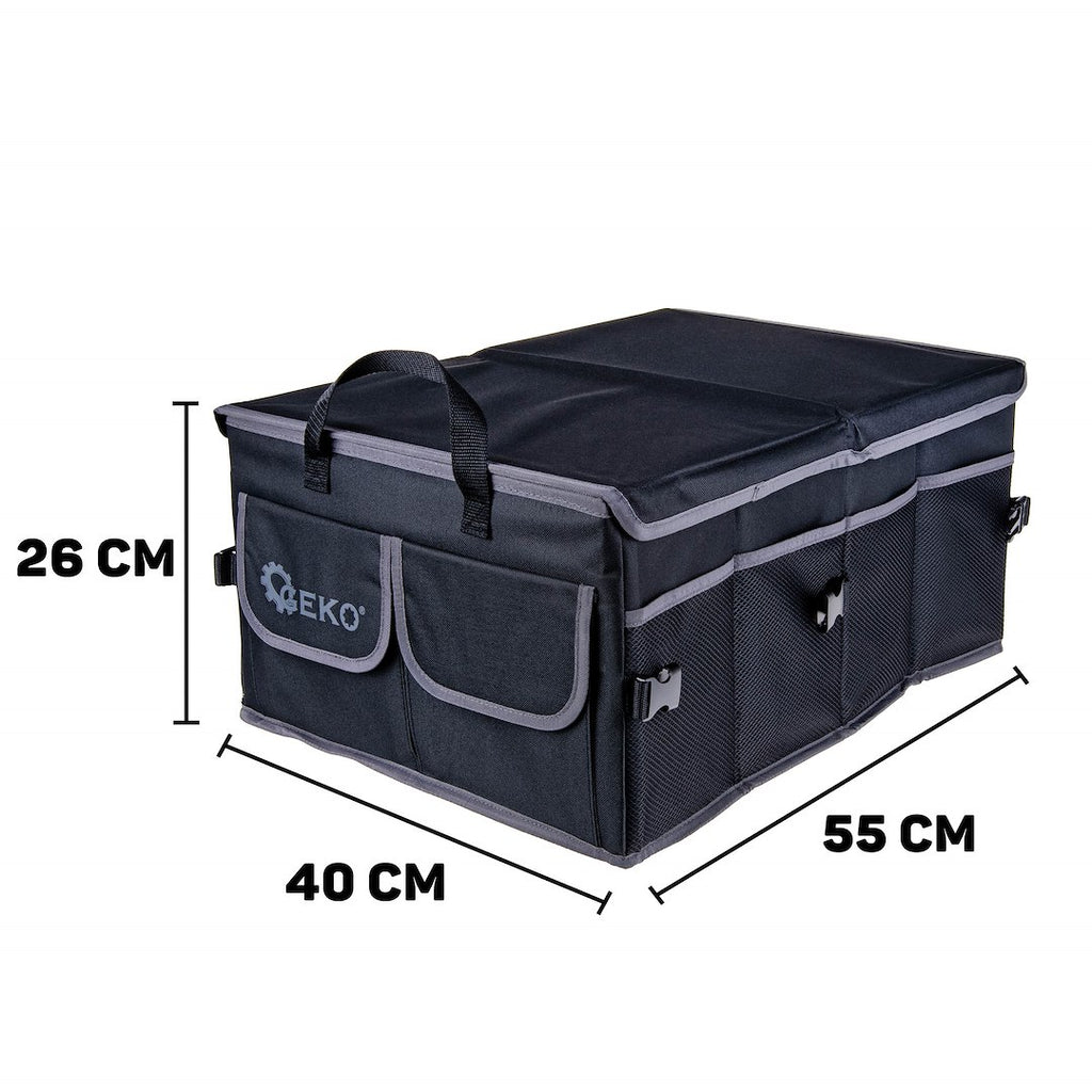 Stiffened car trunk organizer with a cover