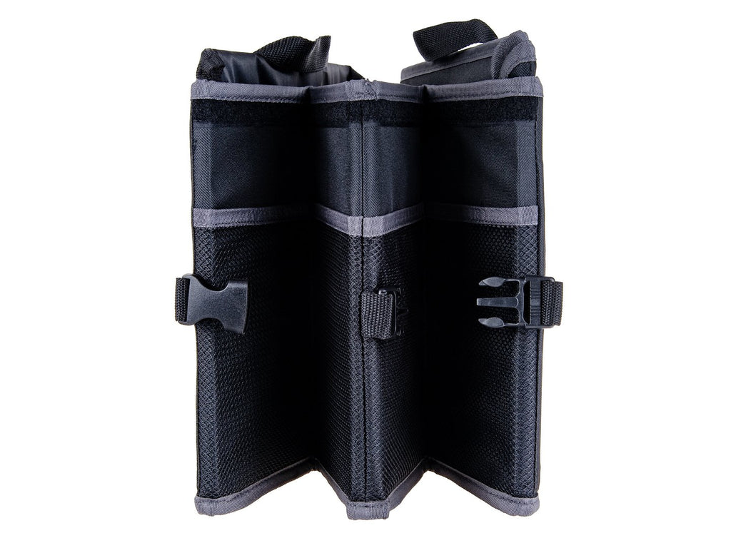 Stiffened car trunk organizer with a cover