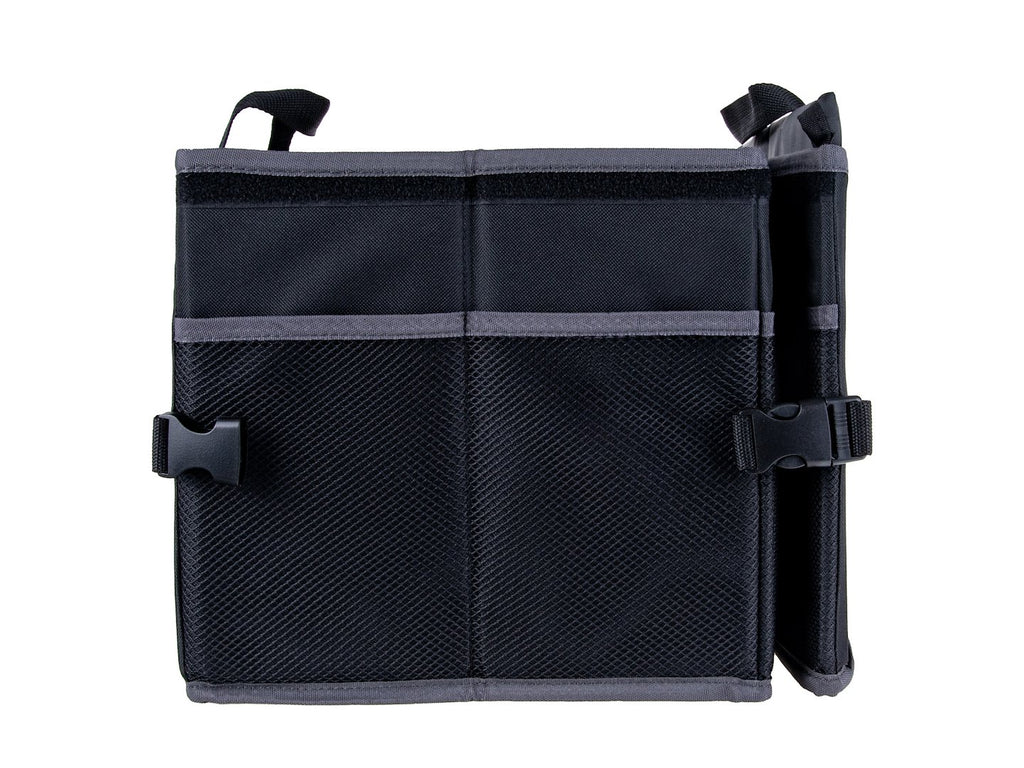 Stiffened car trunk organizer with a cover
