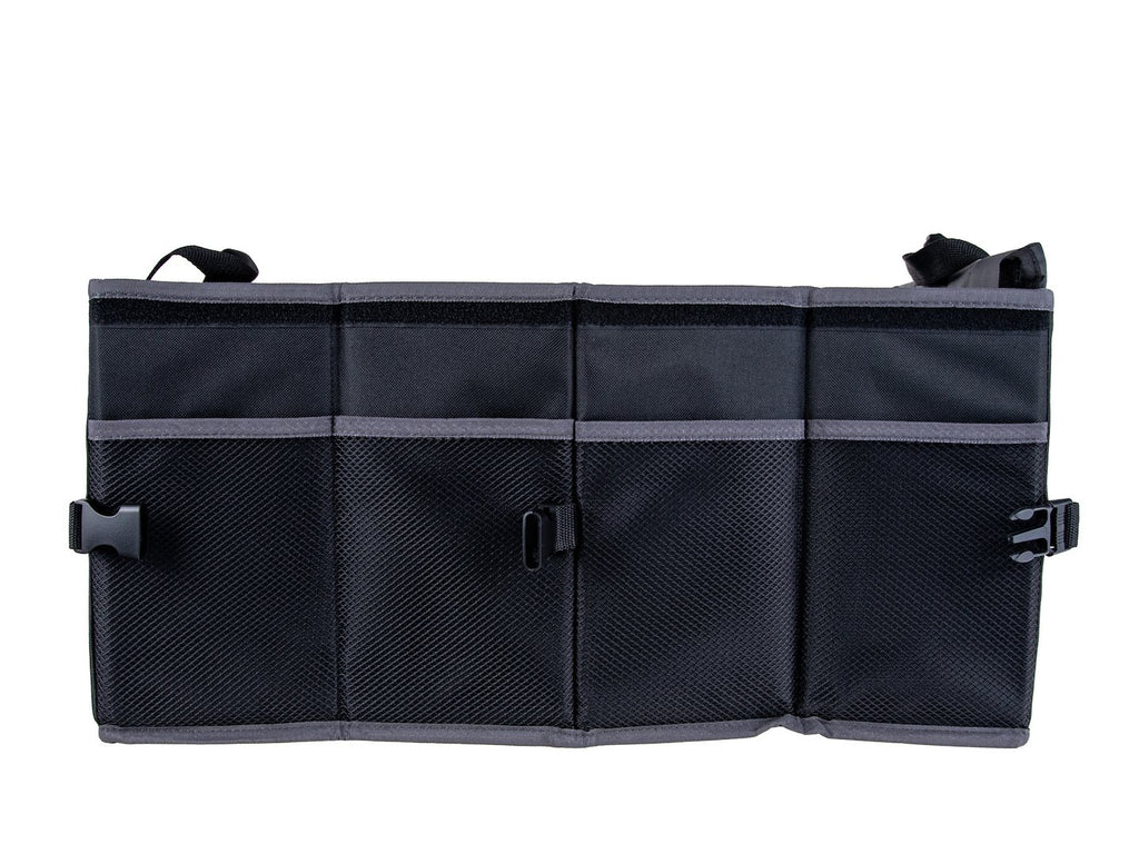 Stiffened car trunk organizer with a cover