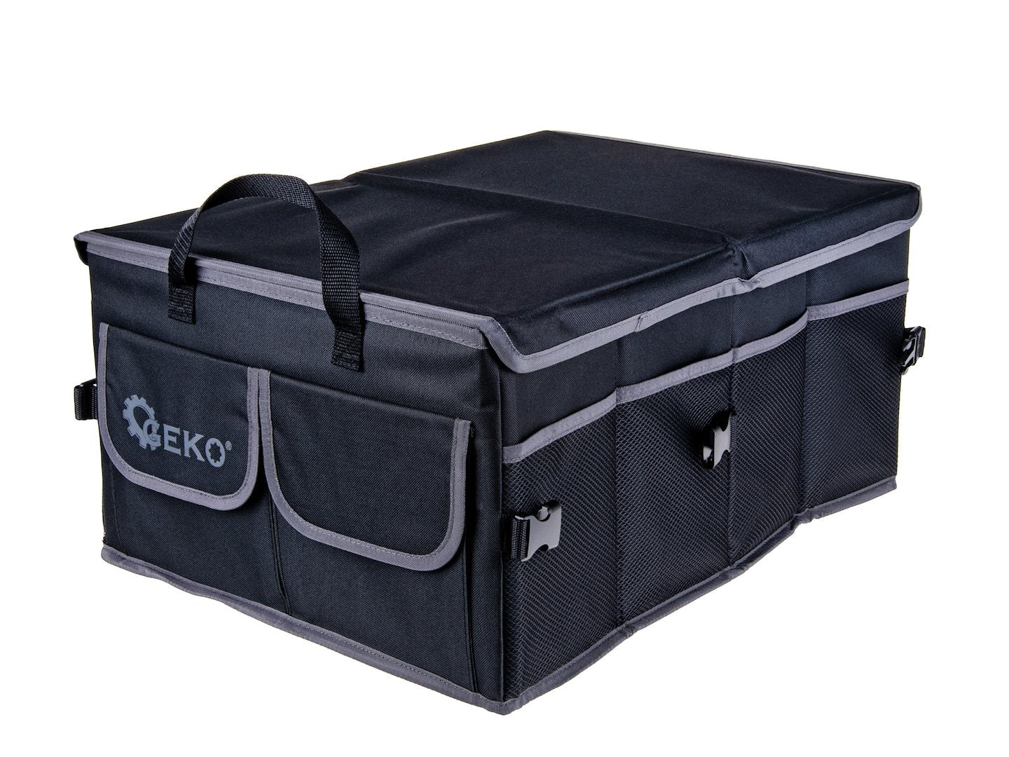 Stiffened car trunk organizer with a cover