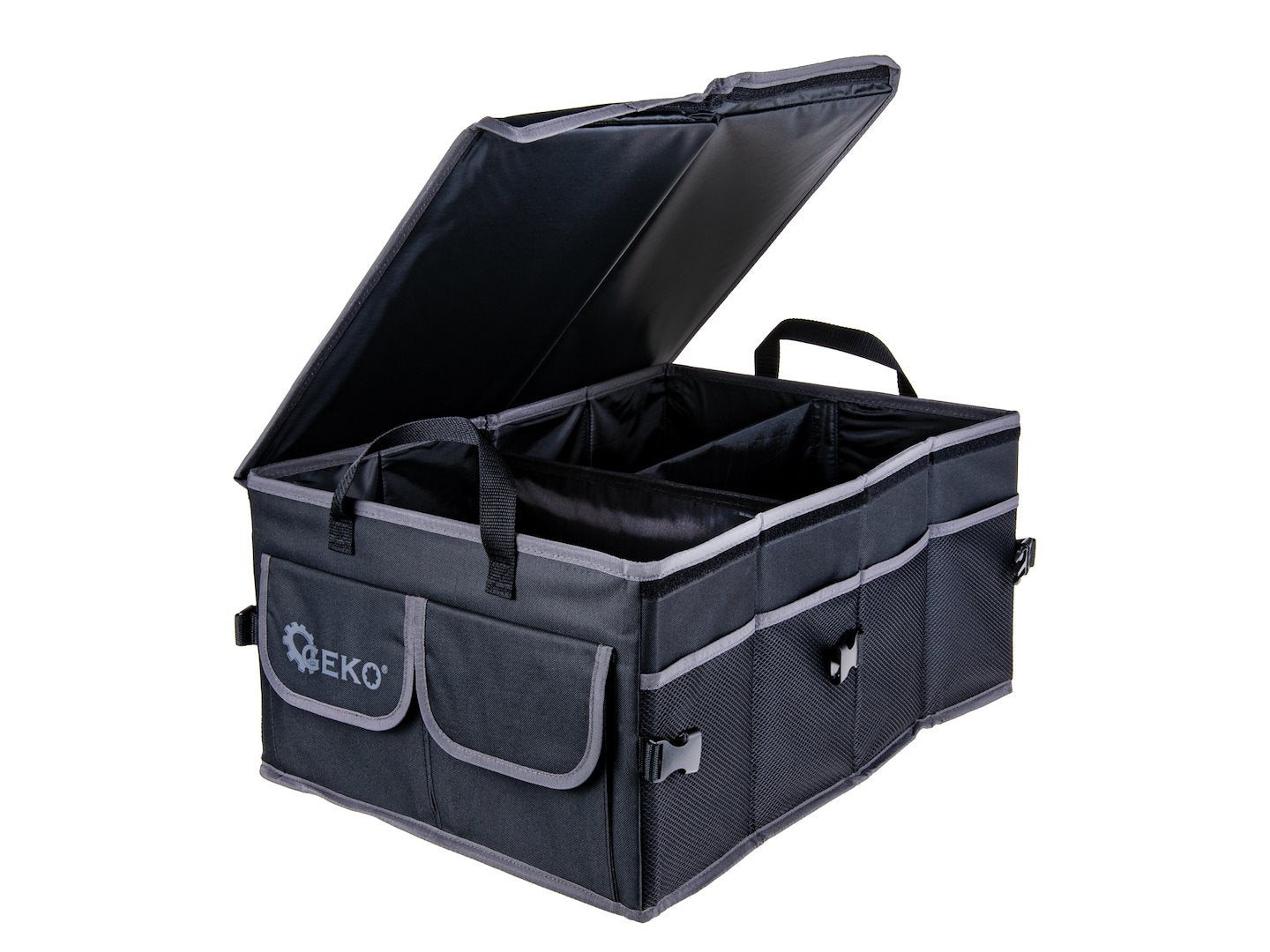 Stiffened car trunk organizer with a cover