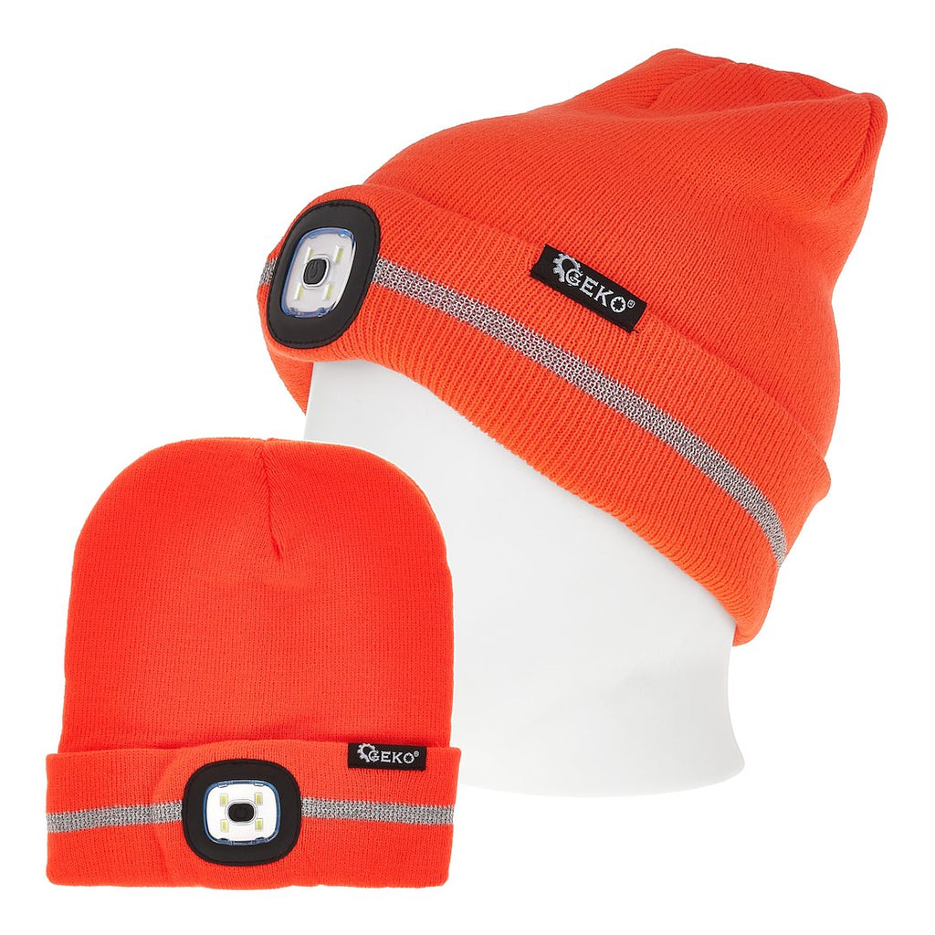 Rechargeable LED Headlight Winter Hat with Reflective Stripe (Orange)