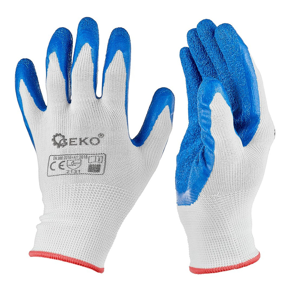 Polyester protective work gloves, size 7 — latex, white & blue – Pack of 12