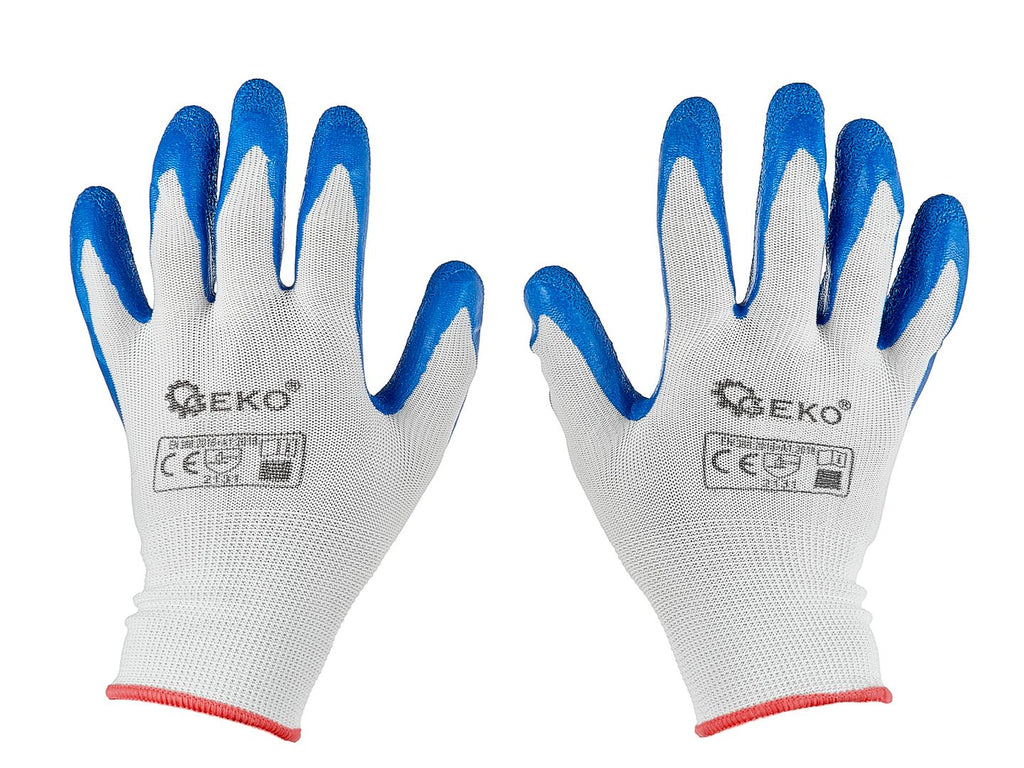 Polyester protective work gloves, size 7 — latex, white & blue – Pack of 12