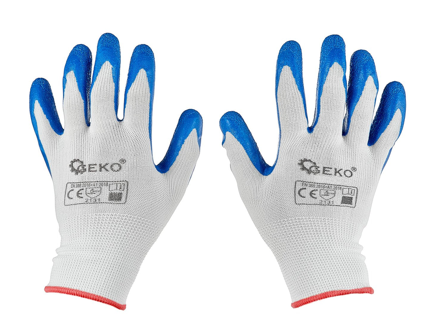 Polyester protective work gloves, size 7 — latex, white & blue – Pack of 12
