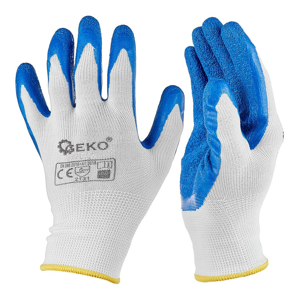 Polyester protective work gloves, size 8 — latex, white and blue – Pack of 12
