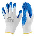 Polyester protective work gloves, size 8 — latex, white and blue – Pack of 12