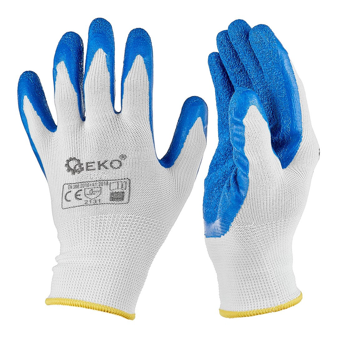 Polyester protective work gloves, size 8 — latex, white and blue – Pack of 12