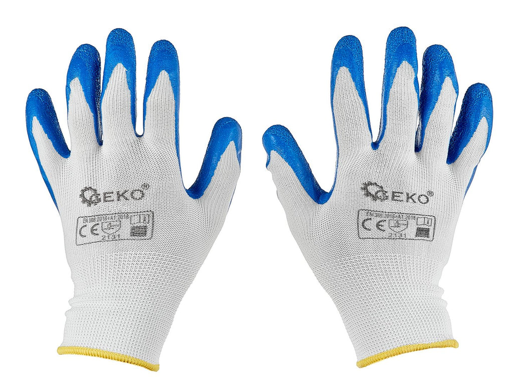 Polyester protective work gloves, size 8 — latex, white and blue – Pack of 12
