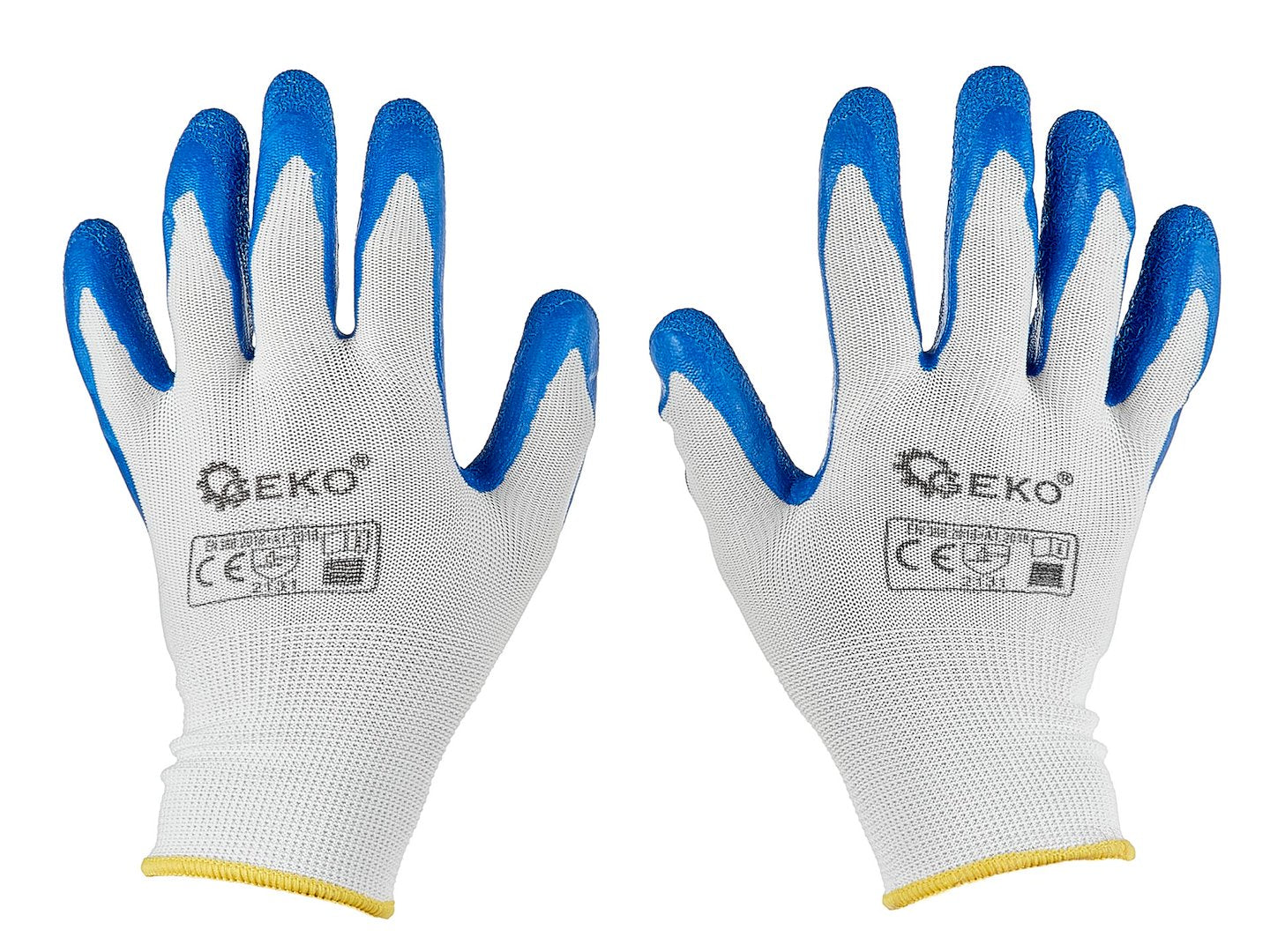Polyester protective work gloves, size 8 — latex, white and blue – Pack of 12