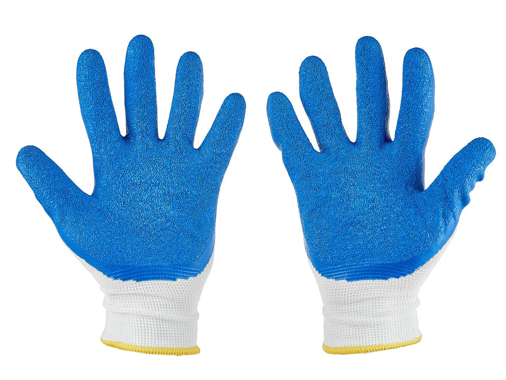 Polyester protective work gloves, size 8 — latex, white and blue – Pack of 12