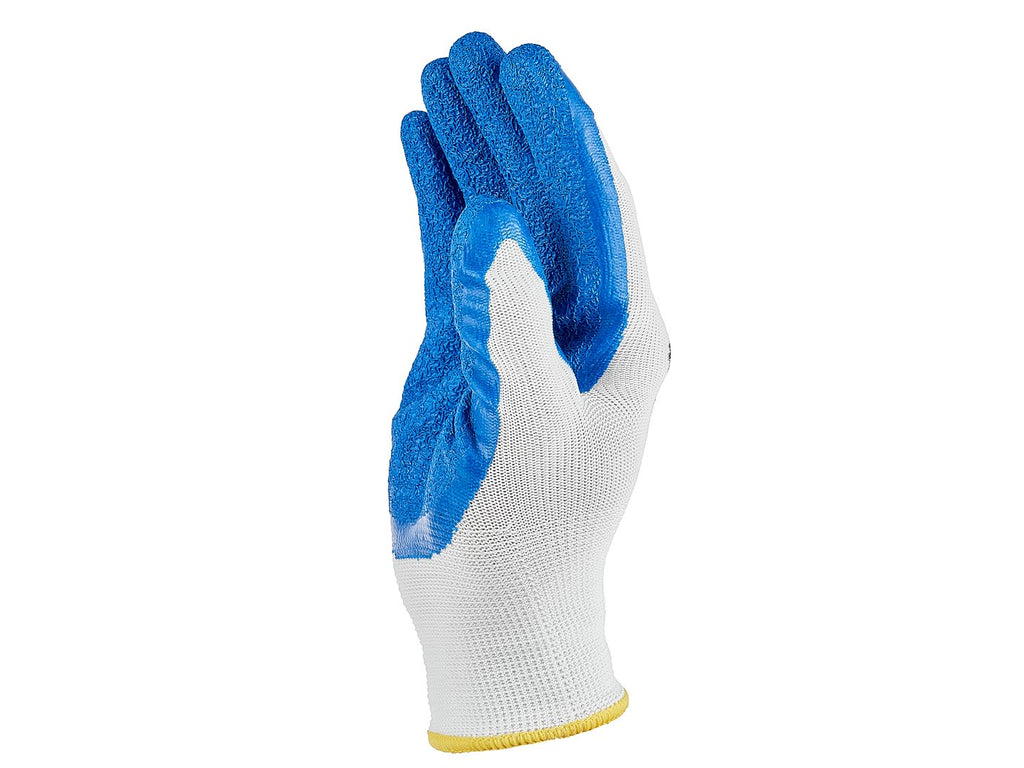 Polyester protective work gloves, size 8 — latex, white and blue – Pack of 12