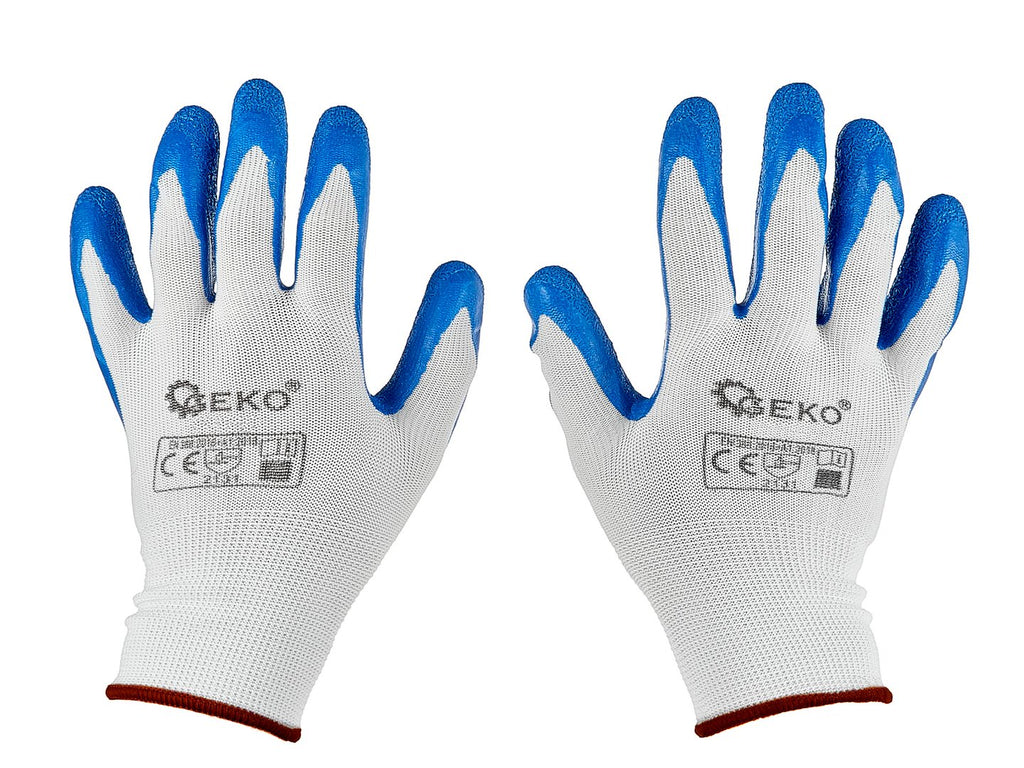 Polyester protective work gloves, size 9, latex, white and blue – Pack of 12