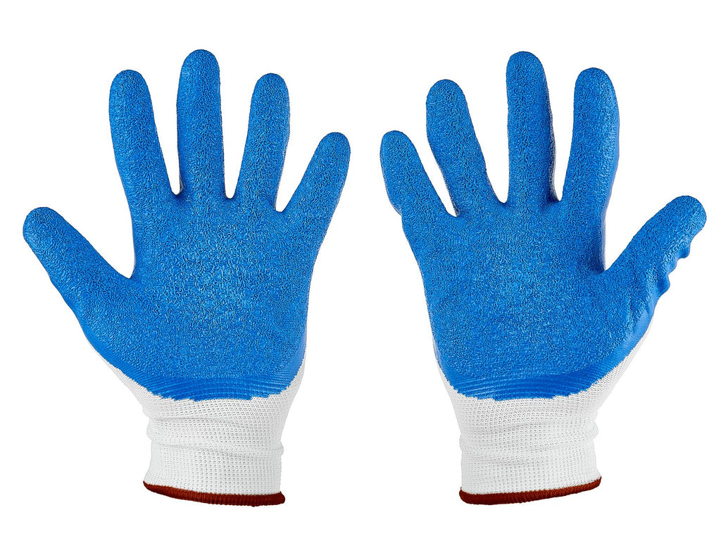 Polyester protective work gloves, size 9, latex, white and blue – Pack of 12