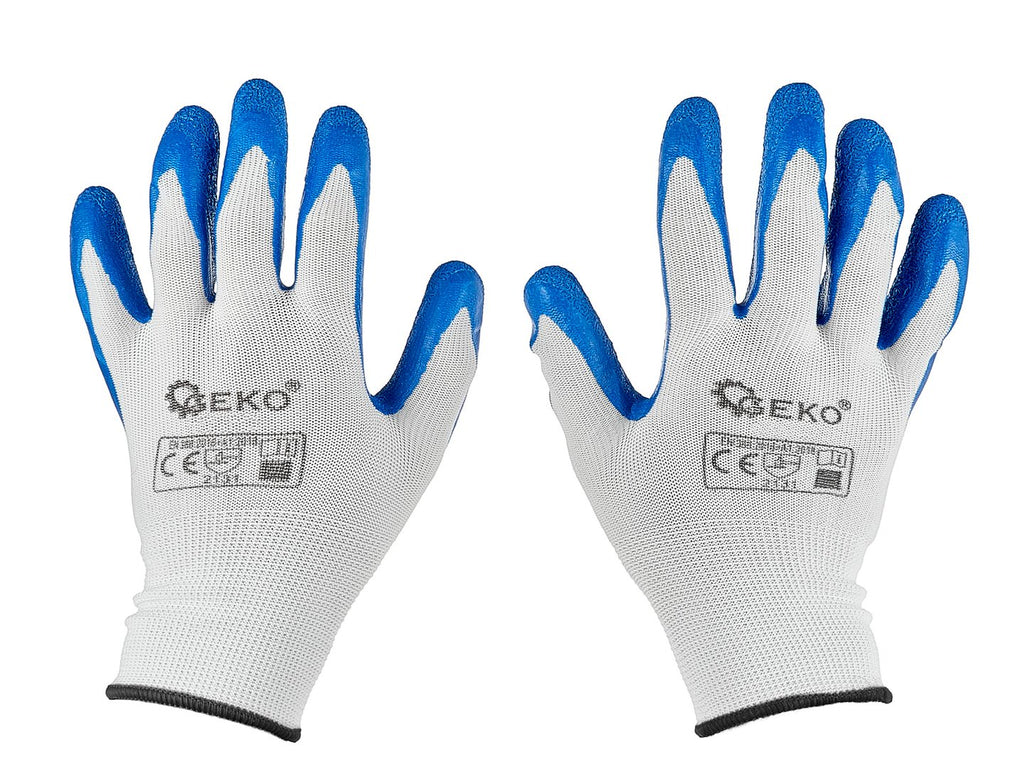 Polyester protective work gloves, size 10 — latex, white & blue – Pack of 12