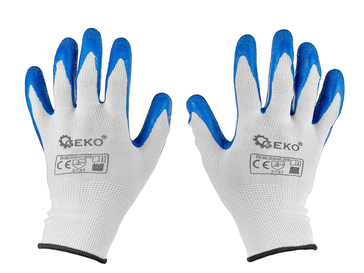 Polyester protective work gloves, size 10 — latex, white & blue – Pack of 12