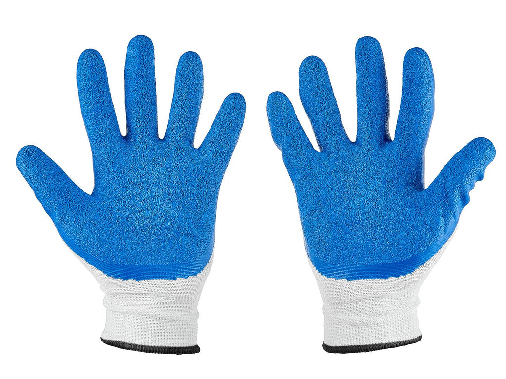 Polyester protective work gloves, size 10 — latex, white & blue – Pack of 12