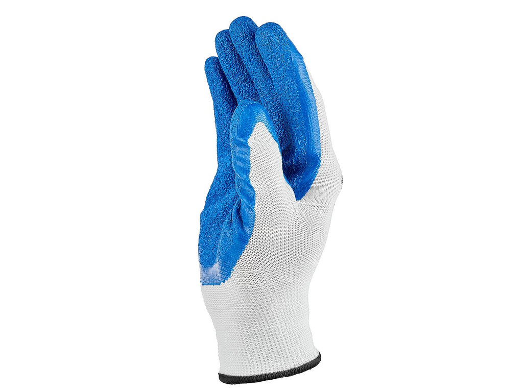 Polyester protective work gloves, size 10 — latex, white & blue – Pack of 12