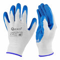 Polyester protective work gloves, size 11 — latex, white and blue – Pack of 12