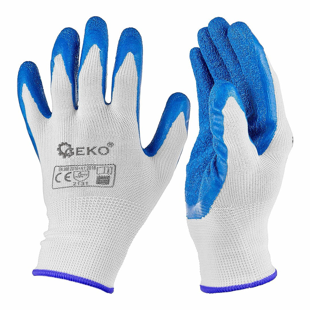 Polyester protective work gloves, size 11 — latex, white and blue – Pack of 12