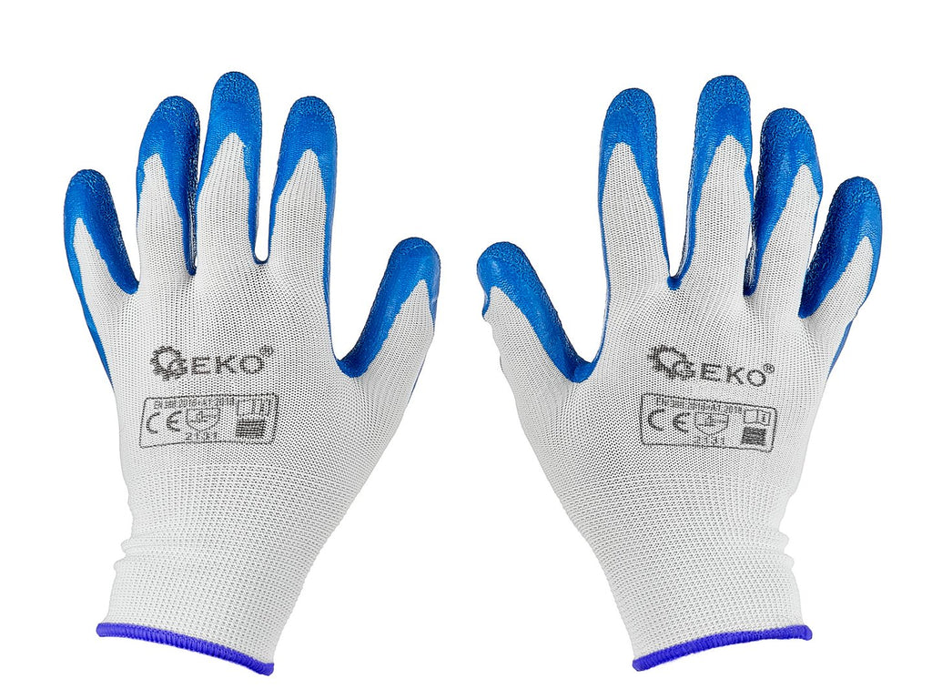Polyester protective work gloves, size 11 — latex, white and blue – Pack of 12