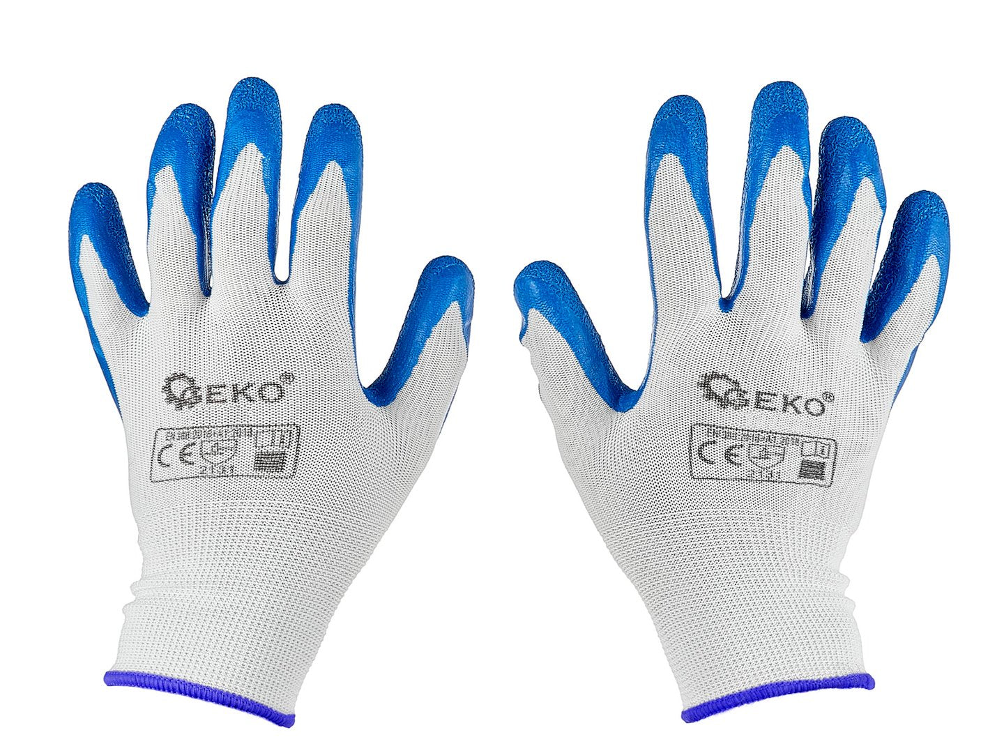 Polyester protective work gloves, size 11 — latex, white and blue – Pack of 12