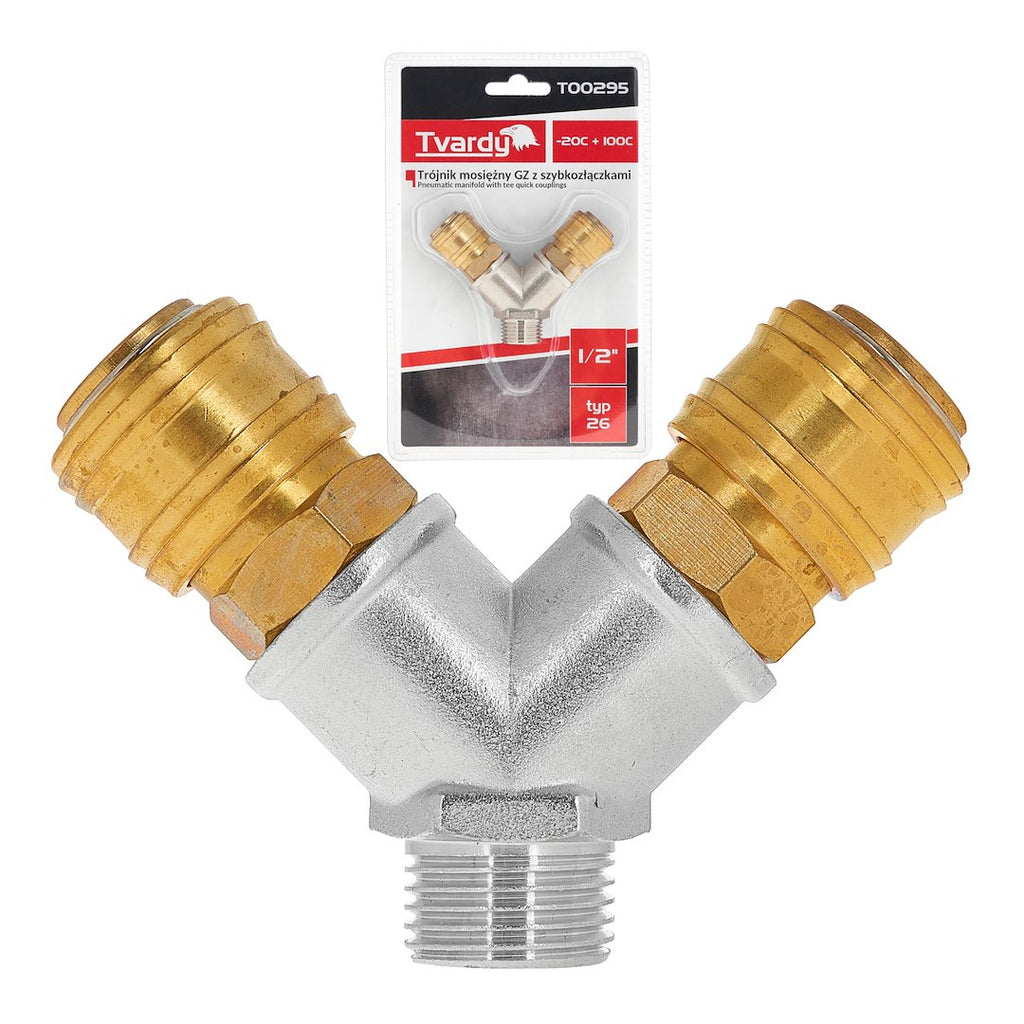 Brass air 2-way splitter, external thread 1/2" with quick connectors