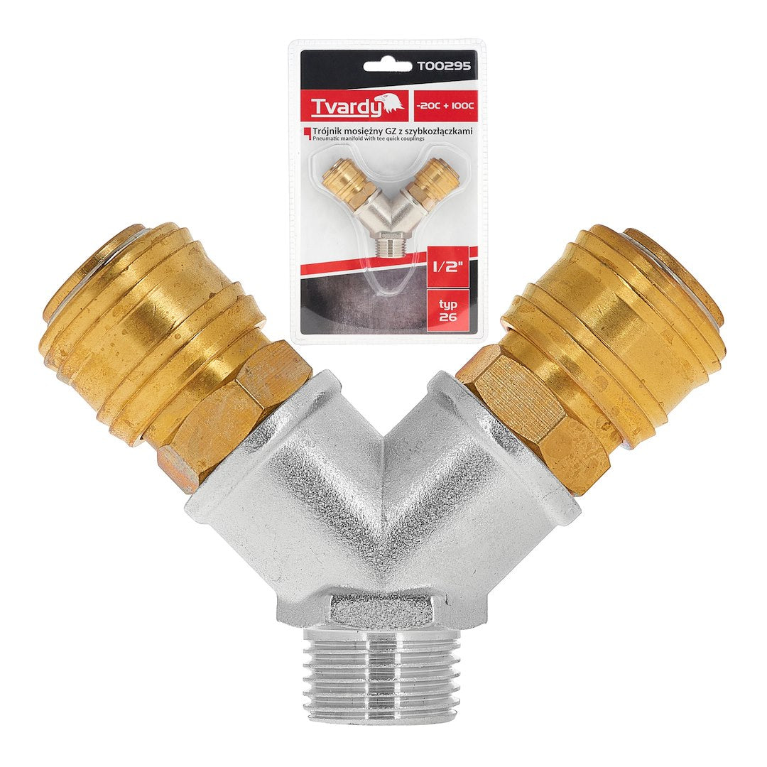 Brass air 2-way splitter, external thread 1/2" with quick connectors