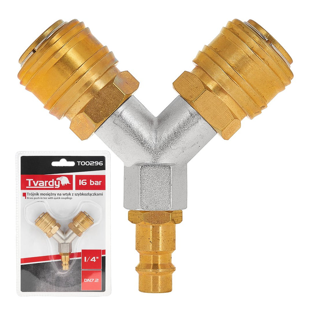 Brass 1/4" 2-way male air plug splitter with quick connectors