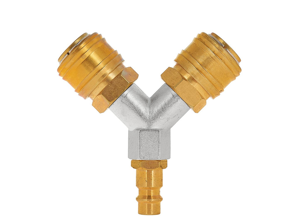 Brass 1/4" 2-way male air plug splitter with quick connectors