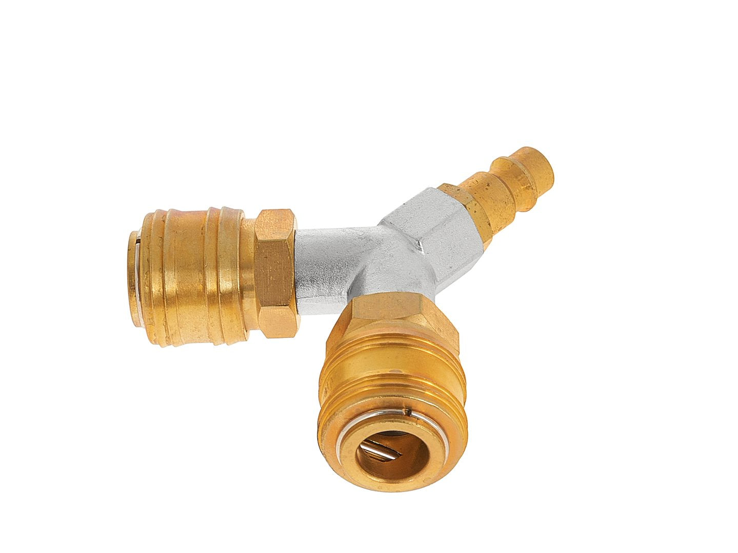 Brass 1/4" 2-way male air plug splitter with quick connectors